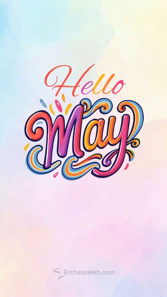 Colorful decorative graphic saying hello may with swirled letters on a soft pastel gradient background greeting card style Hello may phone wallpaper abstract