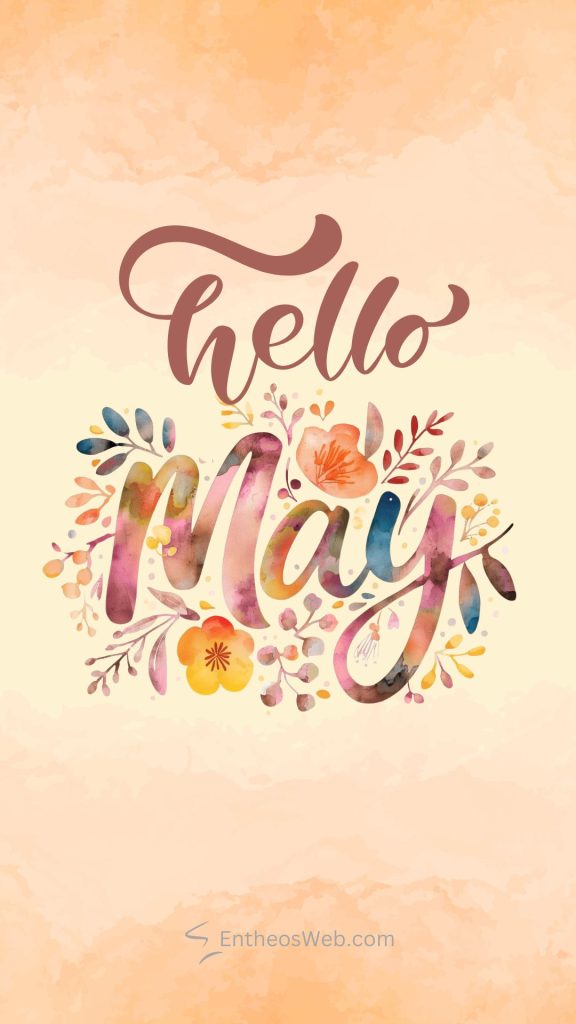 Watercolor hello may greeting with colorful floral design on peach background Hello may phone wallpaper brown background and text