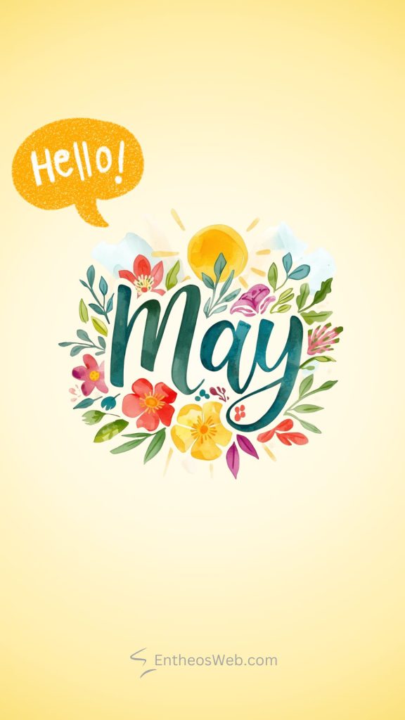 Bright may greeting graphic floral wreath surrounding the word may with a sun emblem and a yellow hello  speech bubble on a pale yellow gradient background Hello may phone wallpaper bubble