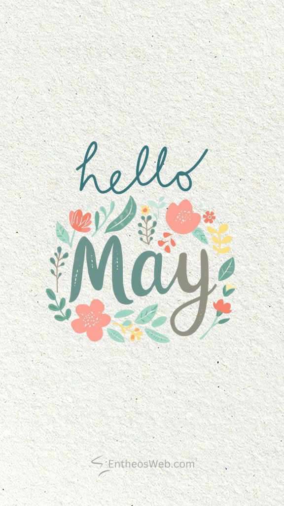 Decorative greeting card reading hello may with pastel floral wreath on a textured light background hello may phone wallpaper green