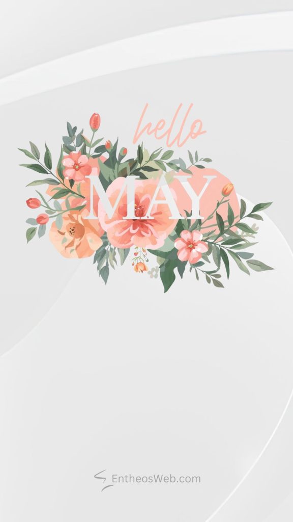 Greeting card style image with a peach pink floral bouquet and the text hello may on a pale gray background Hello may phone wallpaper pink and green