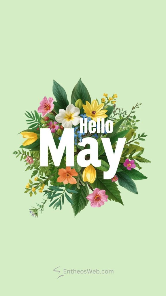 Bouquet of tropical flowers with bold white text reading hello may on a light green background hello may phone wallpaper white hello