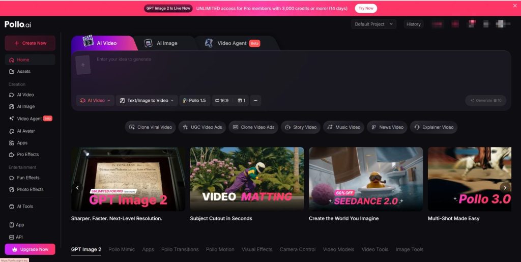 Dark pollo Ai dashboard with left navigation and ai video workspace pink banner at top and create new button visible Image