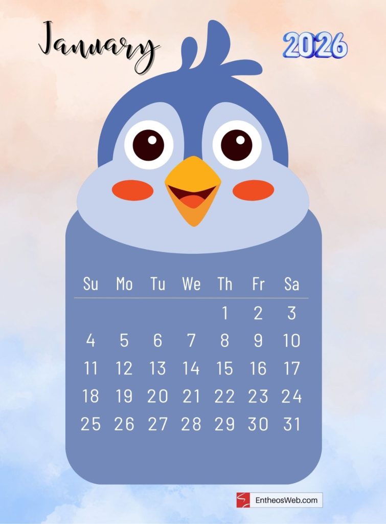 January 2026 printable monthly calendar with cute cartoon cockatoo