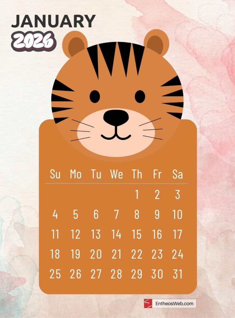 January free 2026 printable monthly calendar with cute cartoon animal tiger