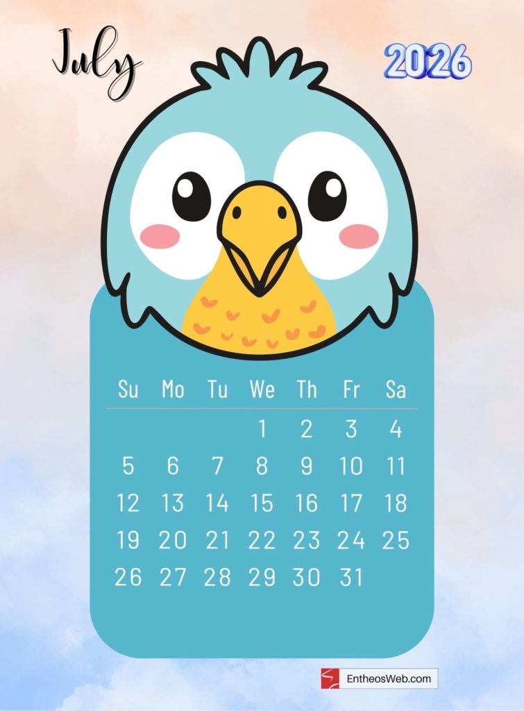 July 2026 printable monthly calendar with cute cartoon canary