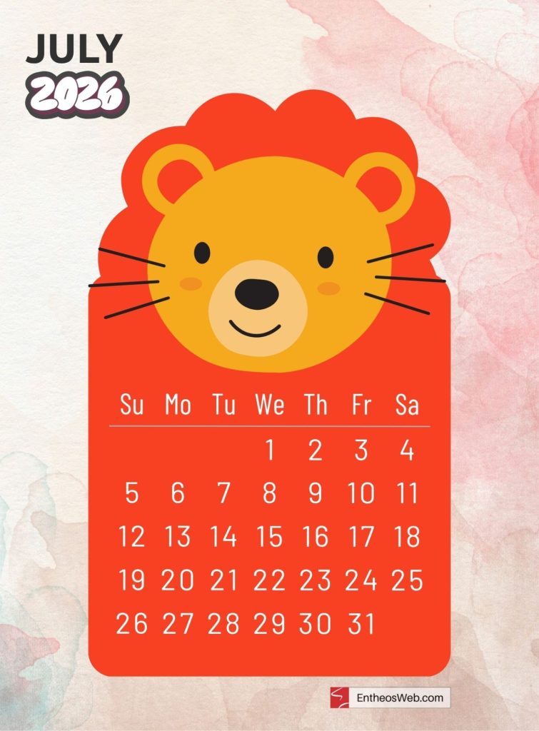 July free 2026 printable monthly calendar with cute cartoon animal lion