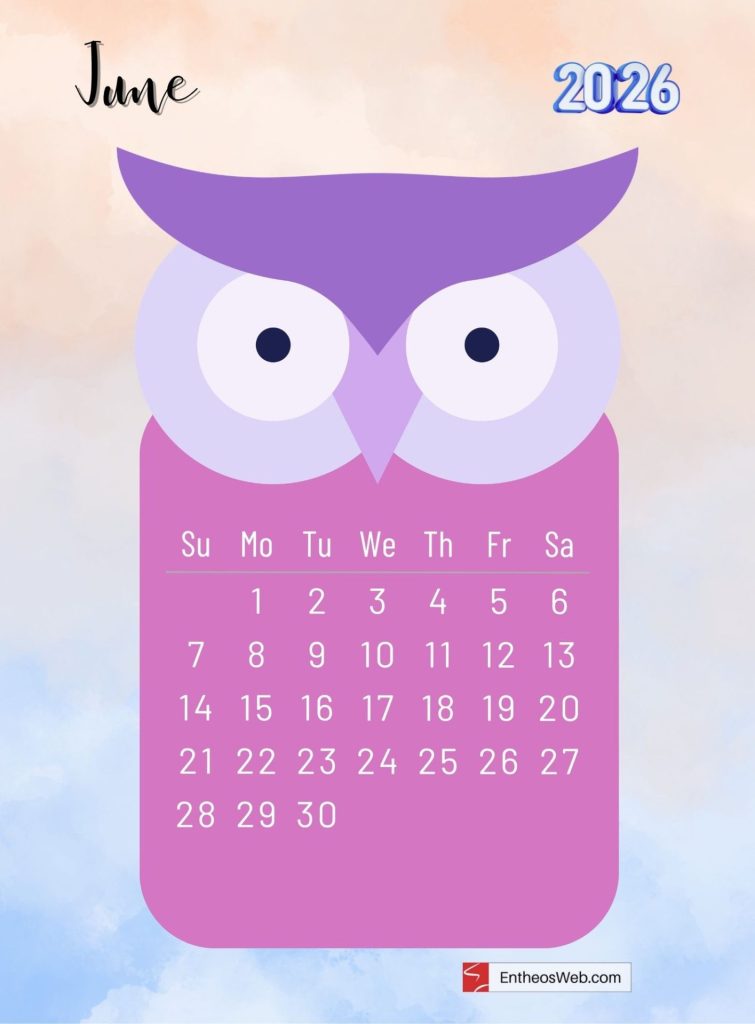 June 2026 printable monthly calendar with cute cartoon owl