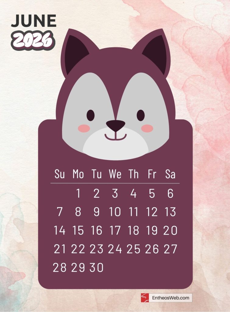 June free 2026 printable monthly calendar with cute cartoon animal wolf dog