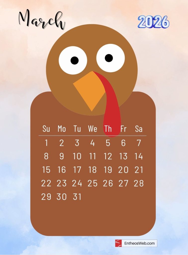 March 2026 printable monthly calendar with cute cartoon turkey