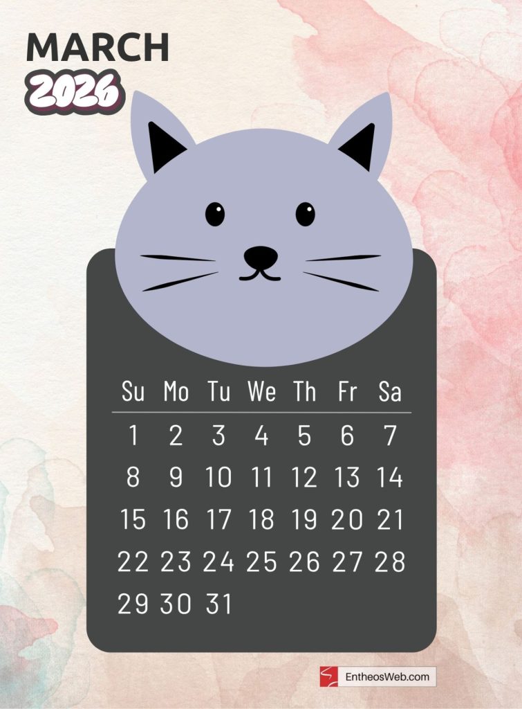 March free 2026 printable monthly calendar with cute cartoon animal cat