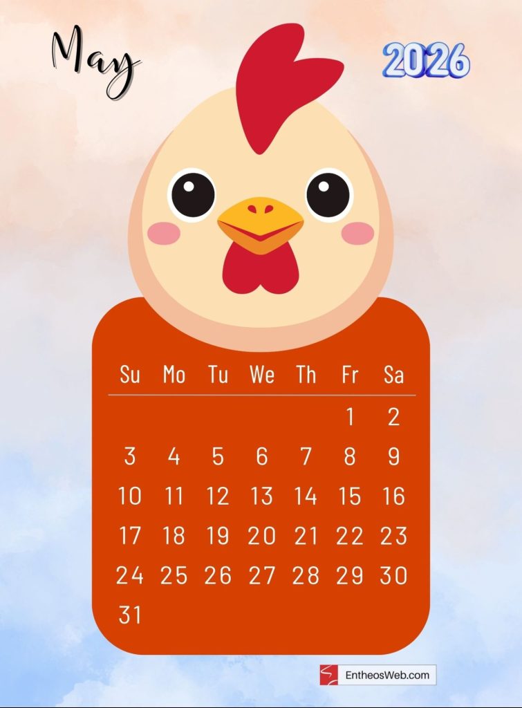 May 2026 printable monthly calendar with cute cartoon hen