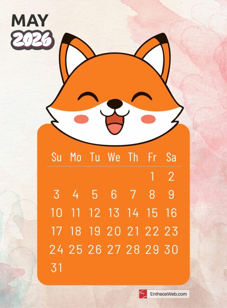 May free 2026 printable monthly calendar with cute cartoon animal fox