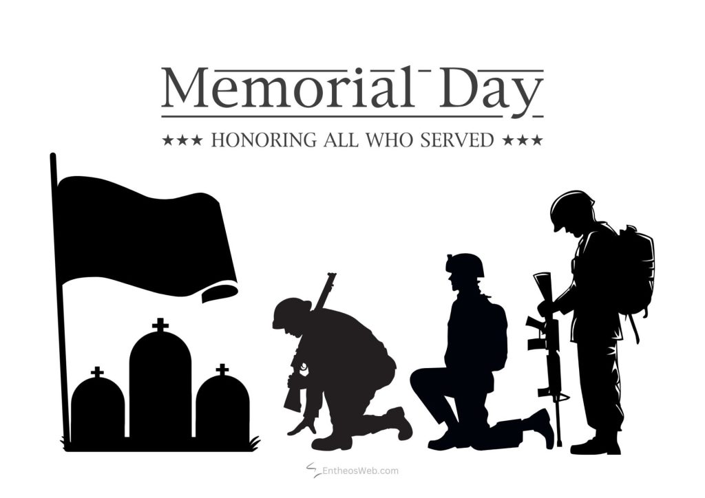 Memorial day banner with a flag and silhouettes of soldiers kneeling standing and graves honoring all who served Memorial day honoring all who served