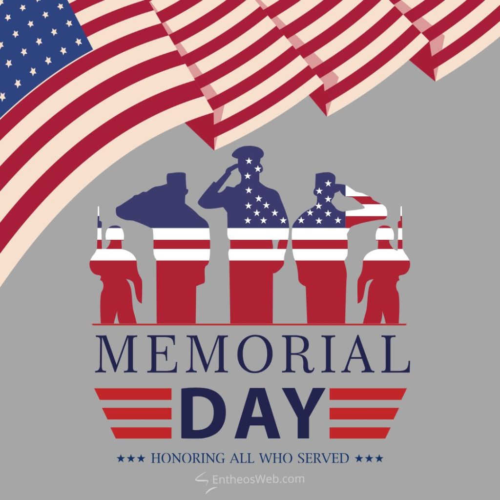 Memorial day design with silhouetted soldiers under a waving american flag and the text memorial day and honoring all who served on a gray background Memorial day honoring all who served