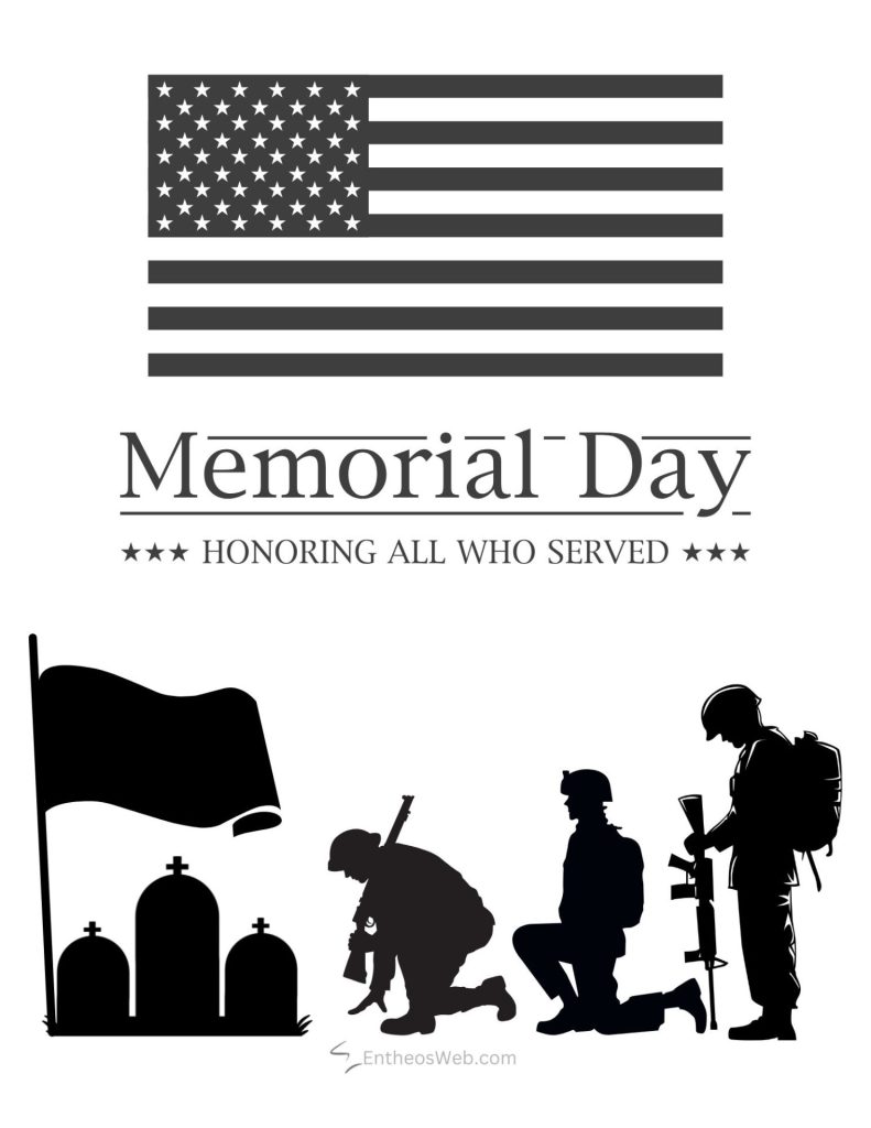 Memorial day graphic with the american flag and the words memorial dayhonoring all who served plus silhouettes of soldiers and a cemetery scene down below Memorial day honoring all who served