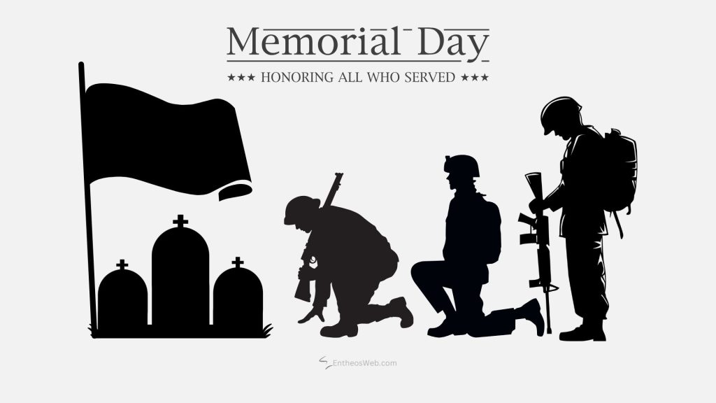 Memorial day tribute silhouettes of soldiers kneeling and standing near gravestones with a waving flag behind Memorial day honoring all who served desktop wallpaper