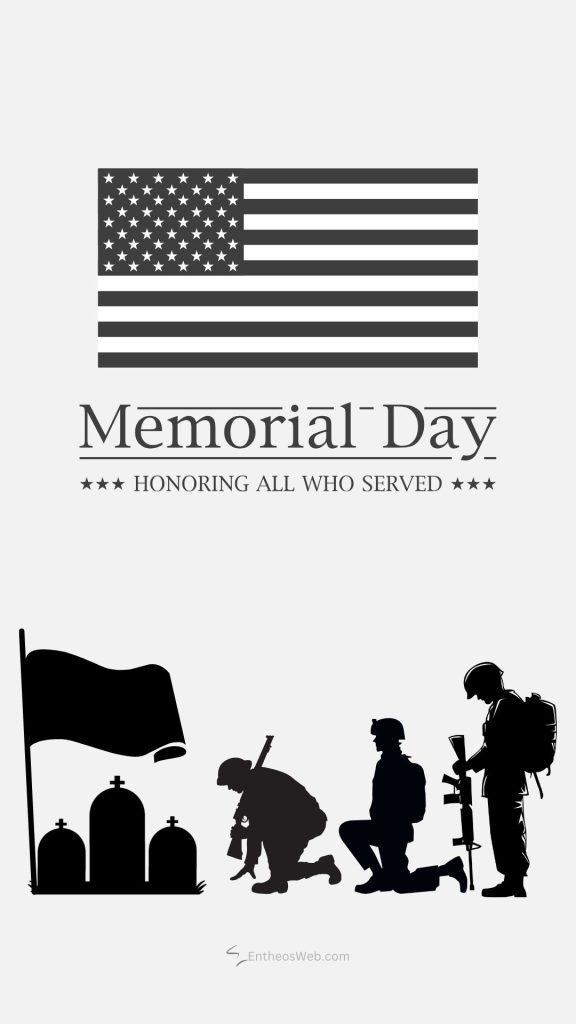 Memorial day tribute with us flag and silhouettes of soldiers kneeling at graves honoring those who served memorial day honoring all who served phone wallpaper