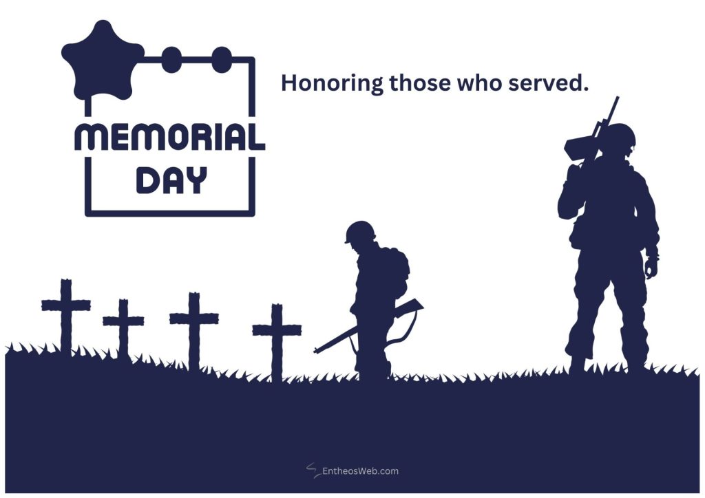 Memorial day illustration with crosses on a grassy hill a kneeling soldier and a standing soldier silhouette and the words memorial day and honoring those who served Memorial day honoring those who served