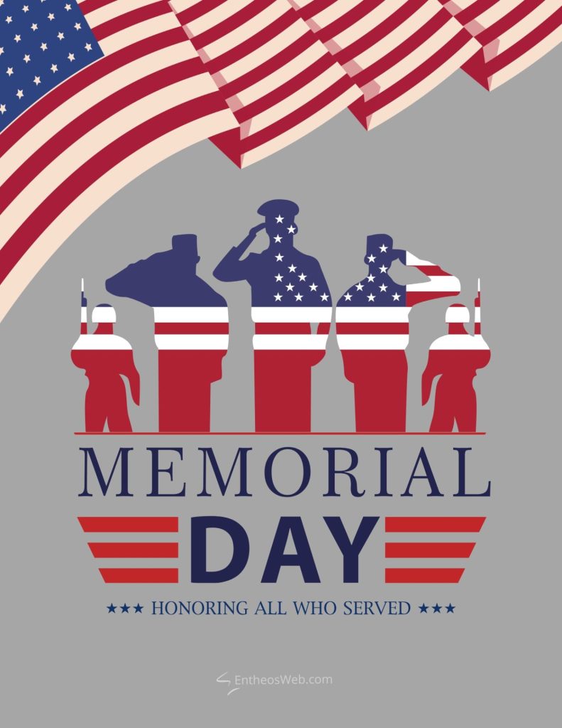 Patriotic memorial day poster featuring service members in red white and blue silhouettes with waving flags and the words memorial day honoring all who served Memorial day printable calendar honoring those who served