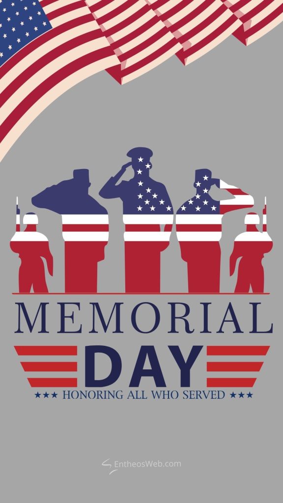 Patriotic memorial day poster with silhouettes of soldiers waving stars and stripes flags and memorial day text below Memorial day printable calendar honoring those who served phone wallpaper