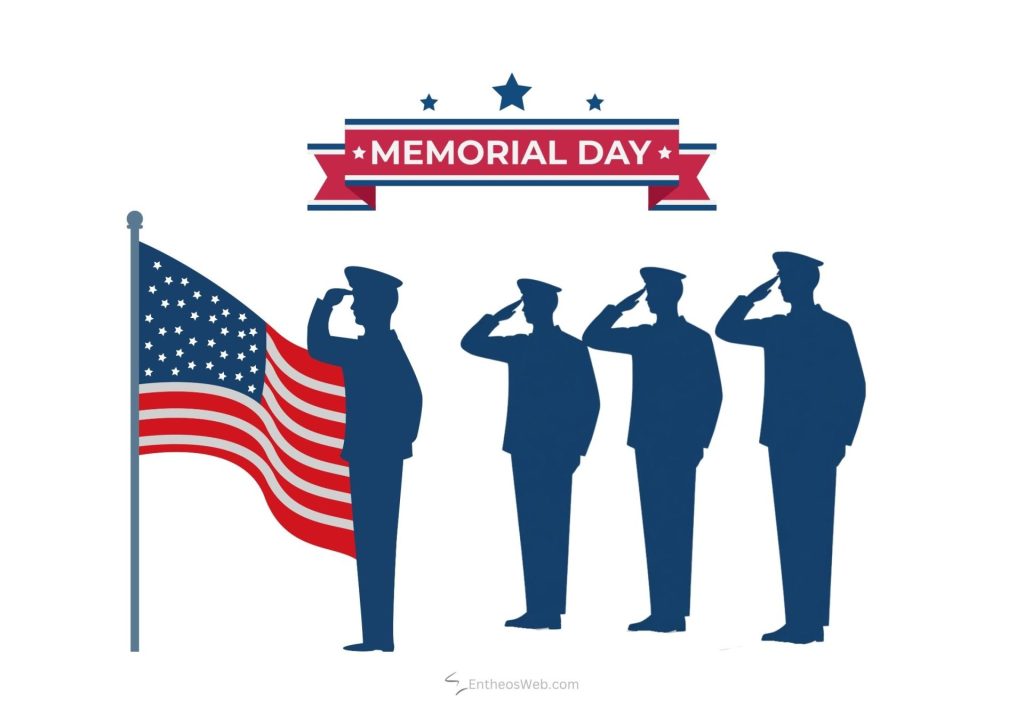 Four silhouetted servicemen saluting beside a waving american flag under a memorial day banner Memorial day salute
