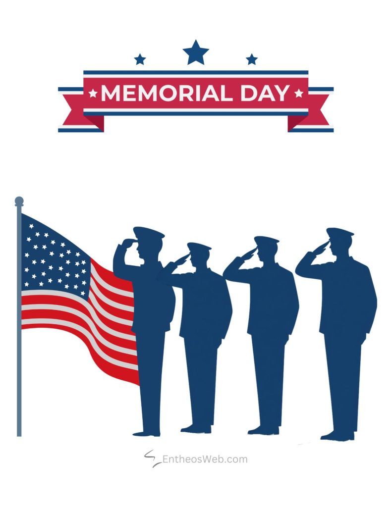 Memorial day banner above silhouetted soldiers saluting beside a waving american flag Interpretive image honoring veterans and memorial day Memorial day salute
