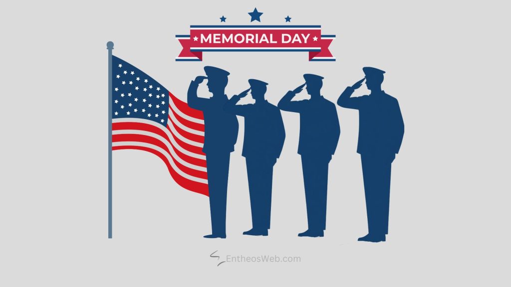 Four silhouetted soldiers salute beside a waving american flag for memorial day observance Memorial day salute desktop wallpaper