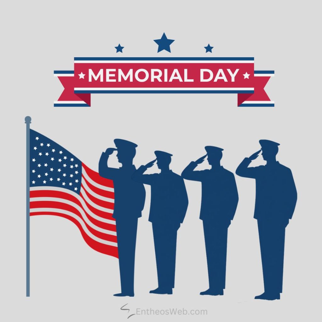 Silhouettes of four soldiers saluting in front of a waving american flag with a memorial day banner above them Memorial day salute phone wallpaper