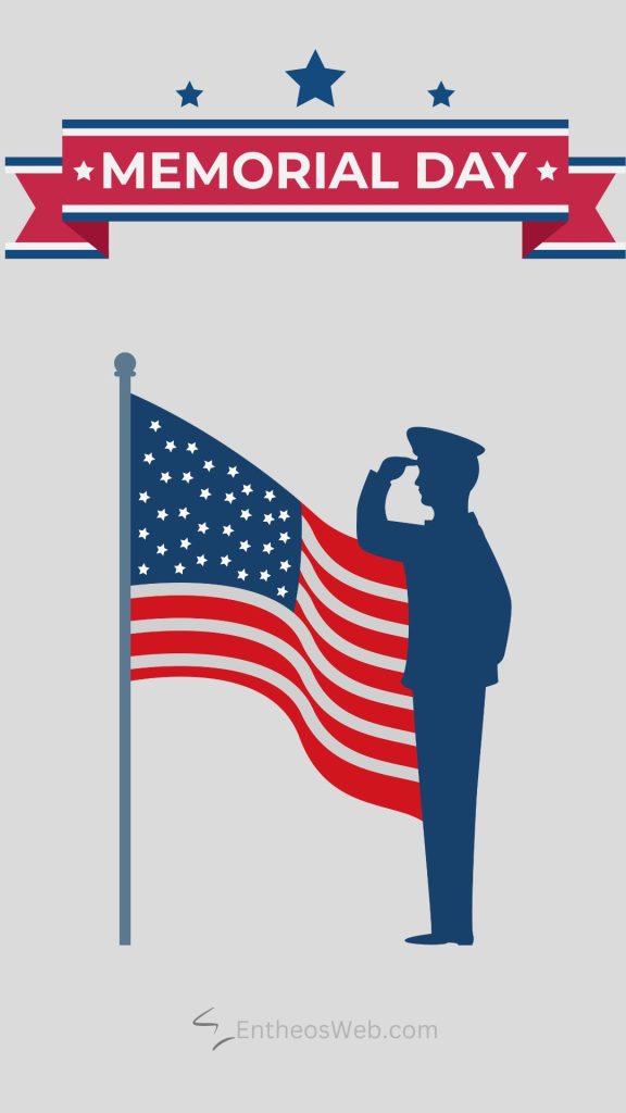 Silhouette of a service member saluting beside the waving u S Flag with a memorial day banner above Memorial day salute phone wallpaper