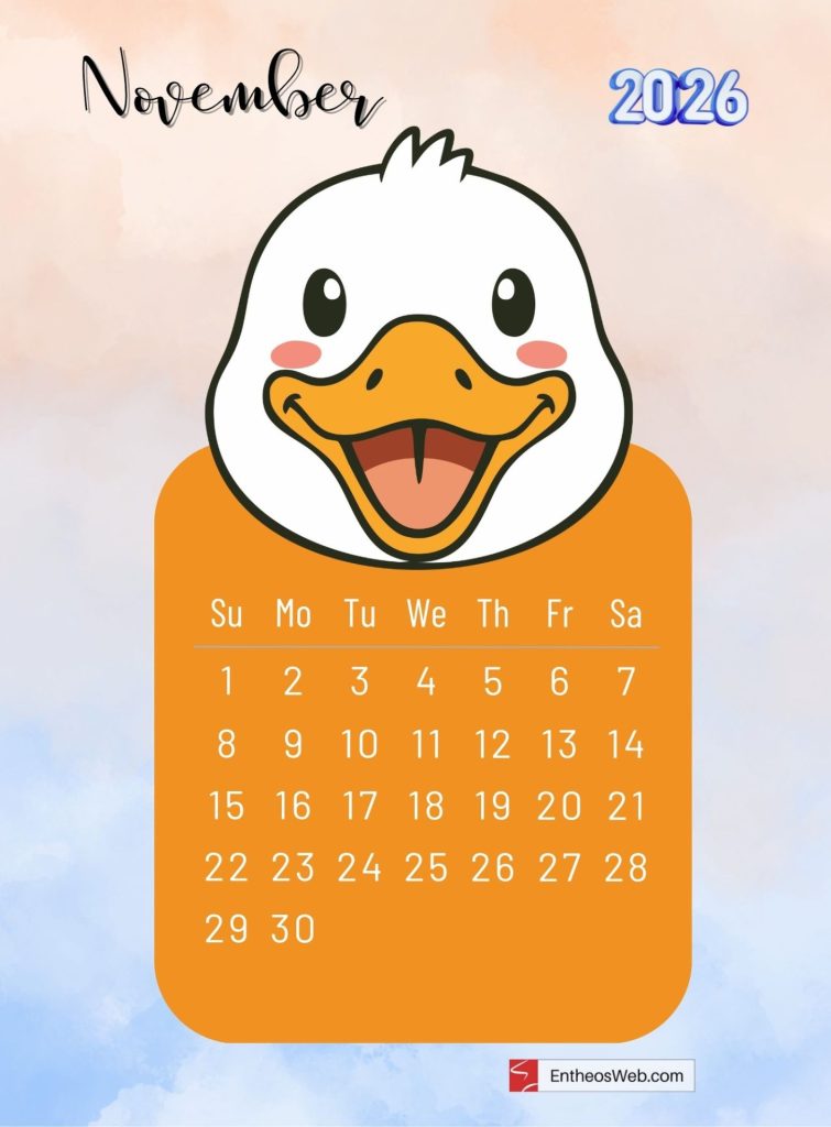 November 2026 printable monthly calendar with cute cartoon donald duck
