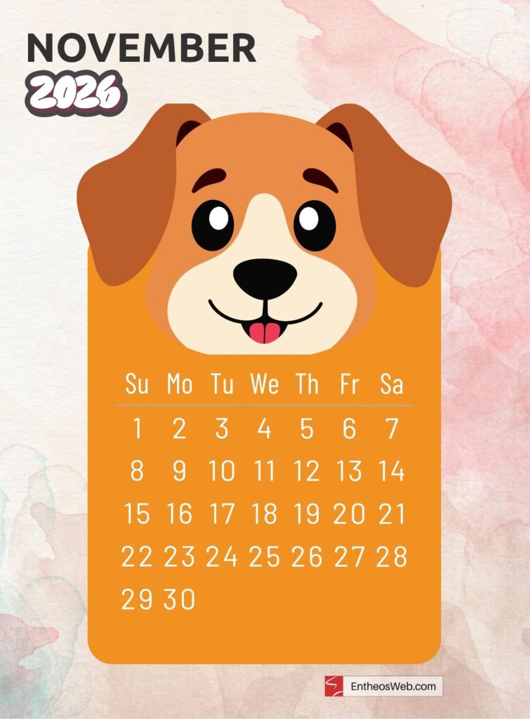 November free 2026 printable monthly calendar with cute cartoon animal dog
