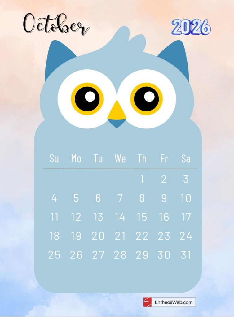 October 2026 printable monthly calendar with cute cartoon owl