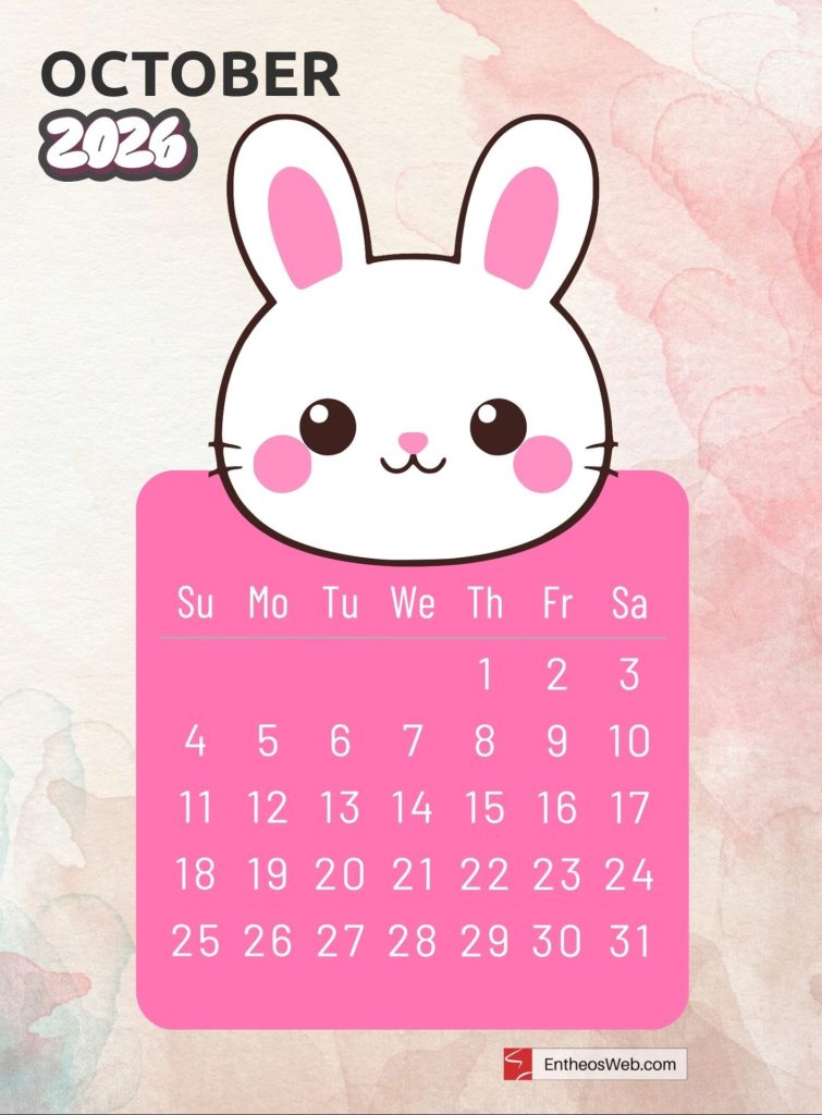 October free 2026 printable monthly calendar with cute cartoon animal bunny
