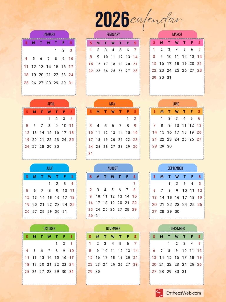 Rainbow colors themed 2026 cute printable yearly calendar