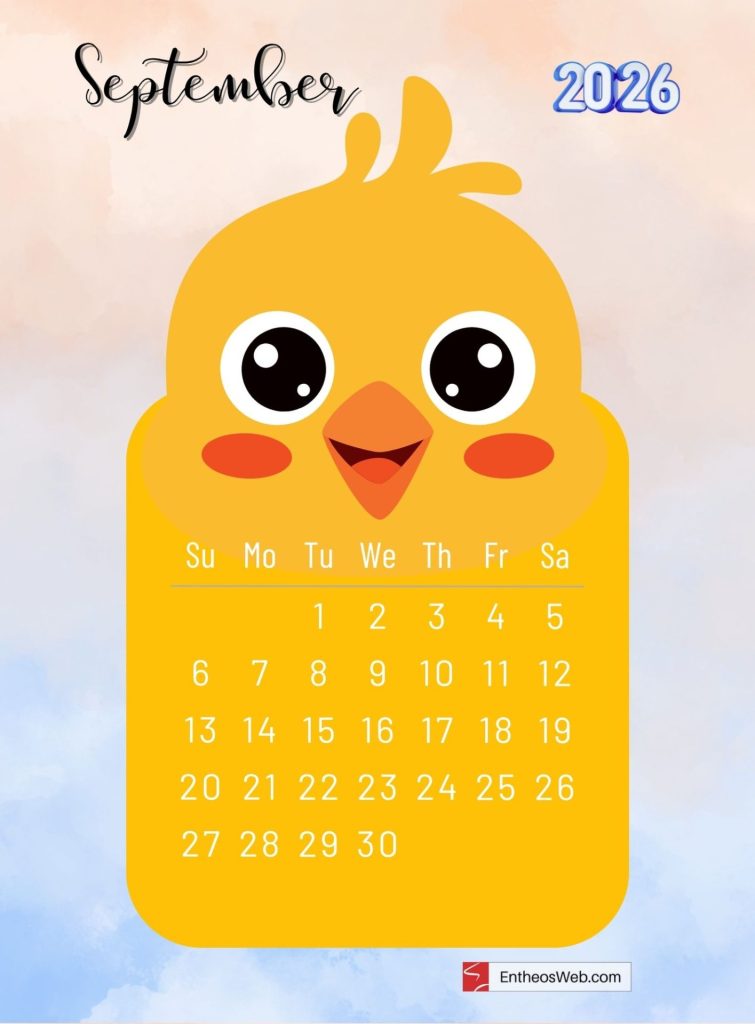 September 2026 printable monthly calendar with cute cartoon chicken