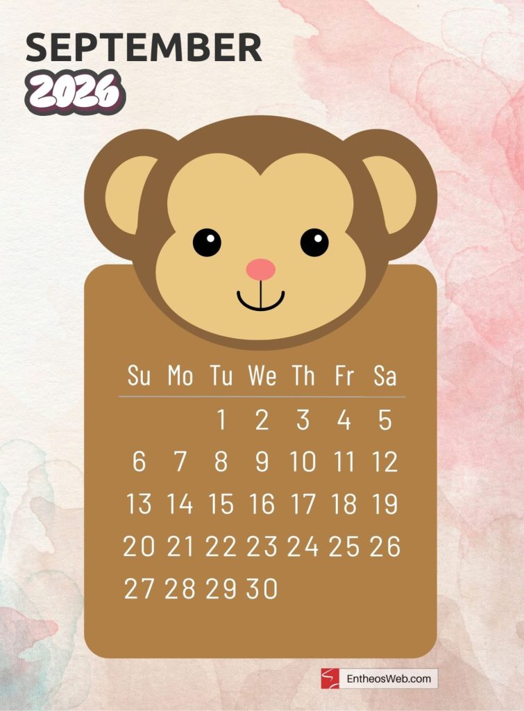 September free 2026 printable monthly calendar with cute cartoon animal monkey
