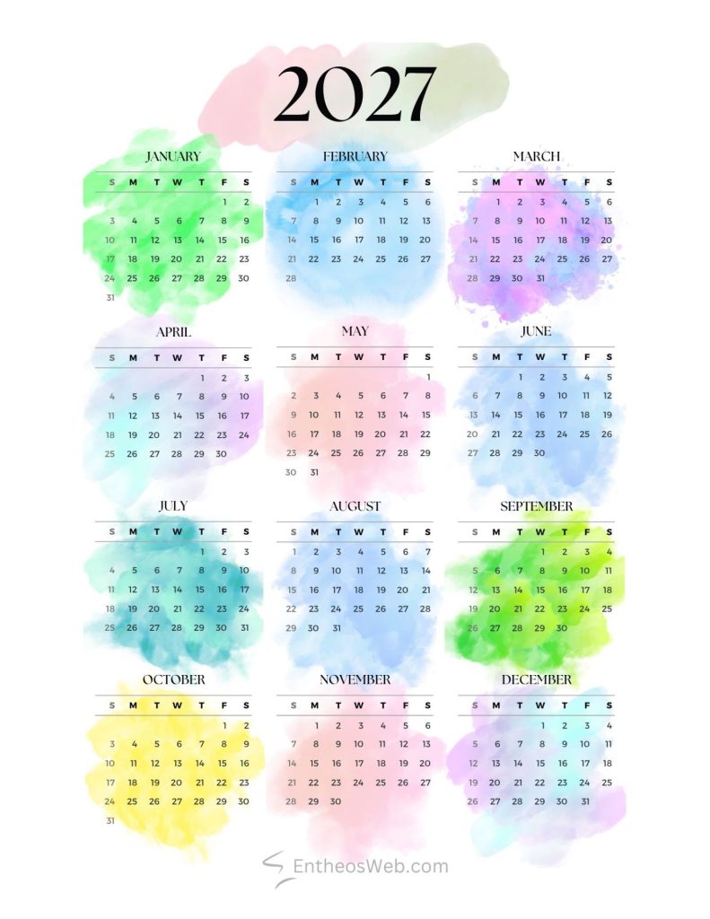 Full year 2027 calendar with pastel watercolor splashes behind each month 2027 calendar   colorful watercolors   by entheosweb 1