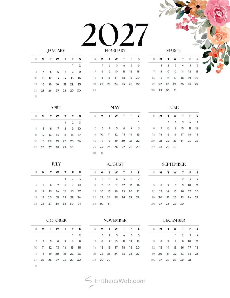 Decorative 2027 calendar wall with a floral corner design showing months from january to december in three column grid 2027 calendar   floral watercolor   by entheosweb