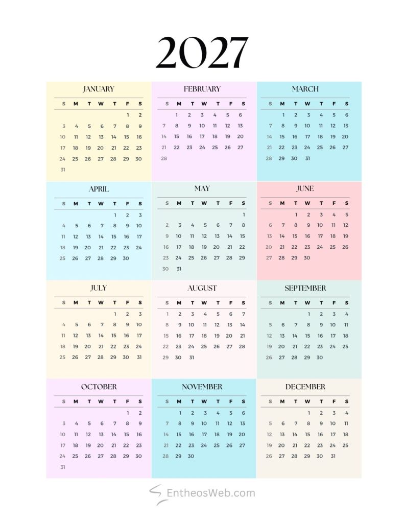 Pastel colored 2027 calendar laid out as a three column grid of monthly calendars januarydecember with days numbered in each month 2027 calendar   pastel squarestheme