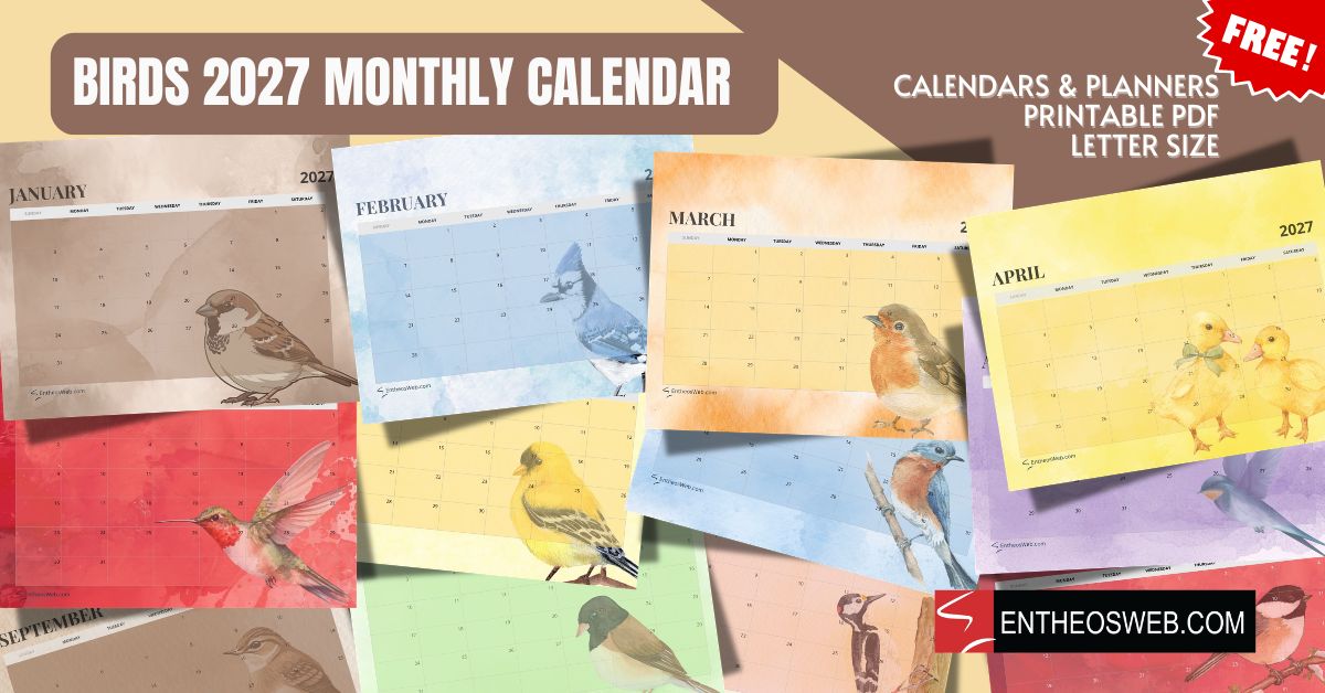 Birds 2027 monthly calendar printables 2027 monthly calendar bird themed
