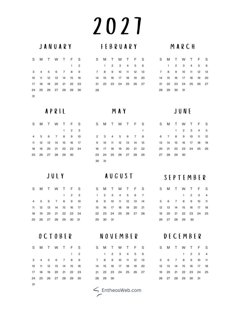 2027 simplistic calendar vertical | 2027 calendar full year printable | entheosweb Minimalist 2021 calendar poster showing all months januarydecember in three column grid across two rows with black text on white background site credit entheosweb Com 2027 simplistic calendar vertical