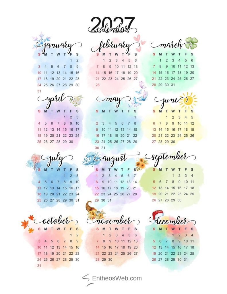 Colorful 2027 calendar with watercolor month blocks and decorative script headings 2027 single page printable 12 month calendar watercolor splash by entheosweb