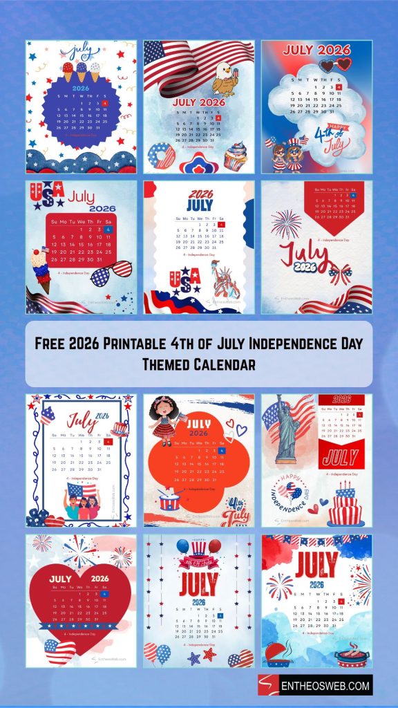 Collage of 18 july 2026 printable calendars with red white and blue patriotic designs and us flag motifs on a blue background 4th of july calendar pimage