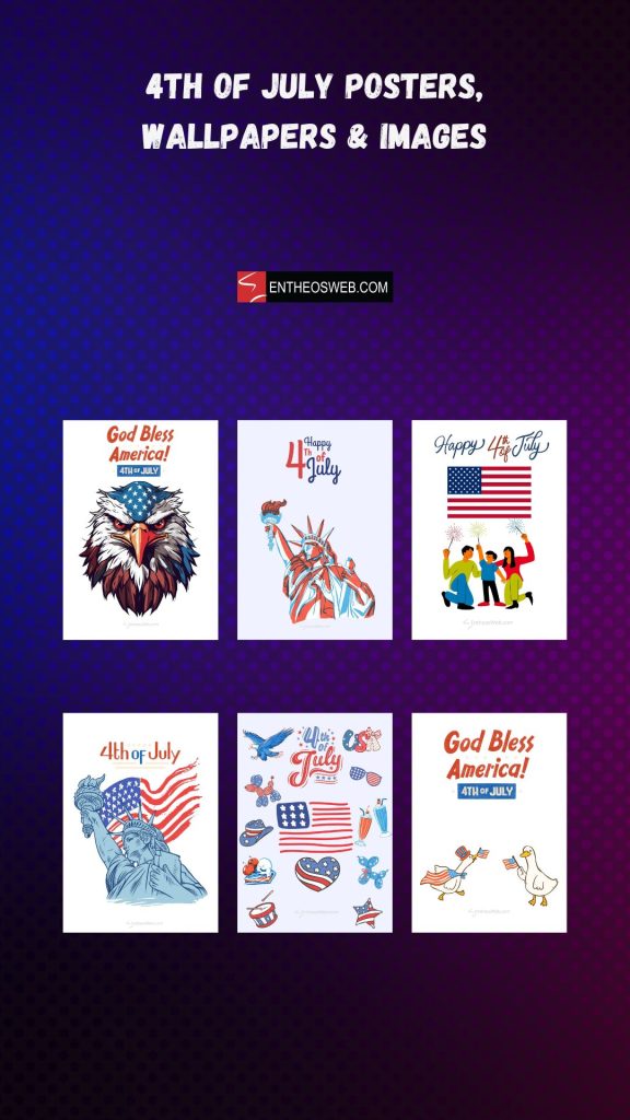 Title card and a grid of 4th of july posters on a purple dotted background 4th of july pin your story