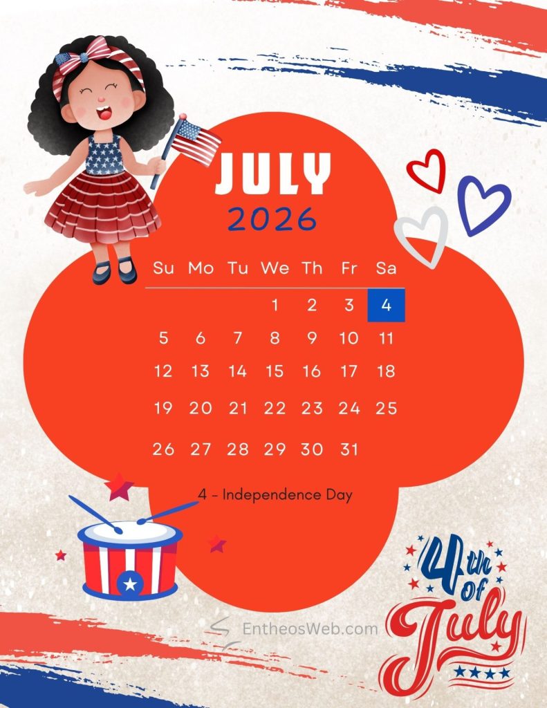 Drums and happy girl with flag july themed calendar drums and happy girl with flag 4th of july themed calendar by entheosweb