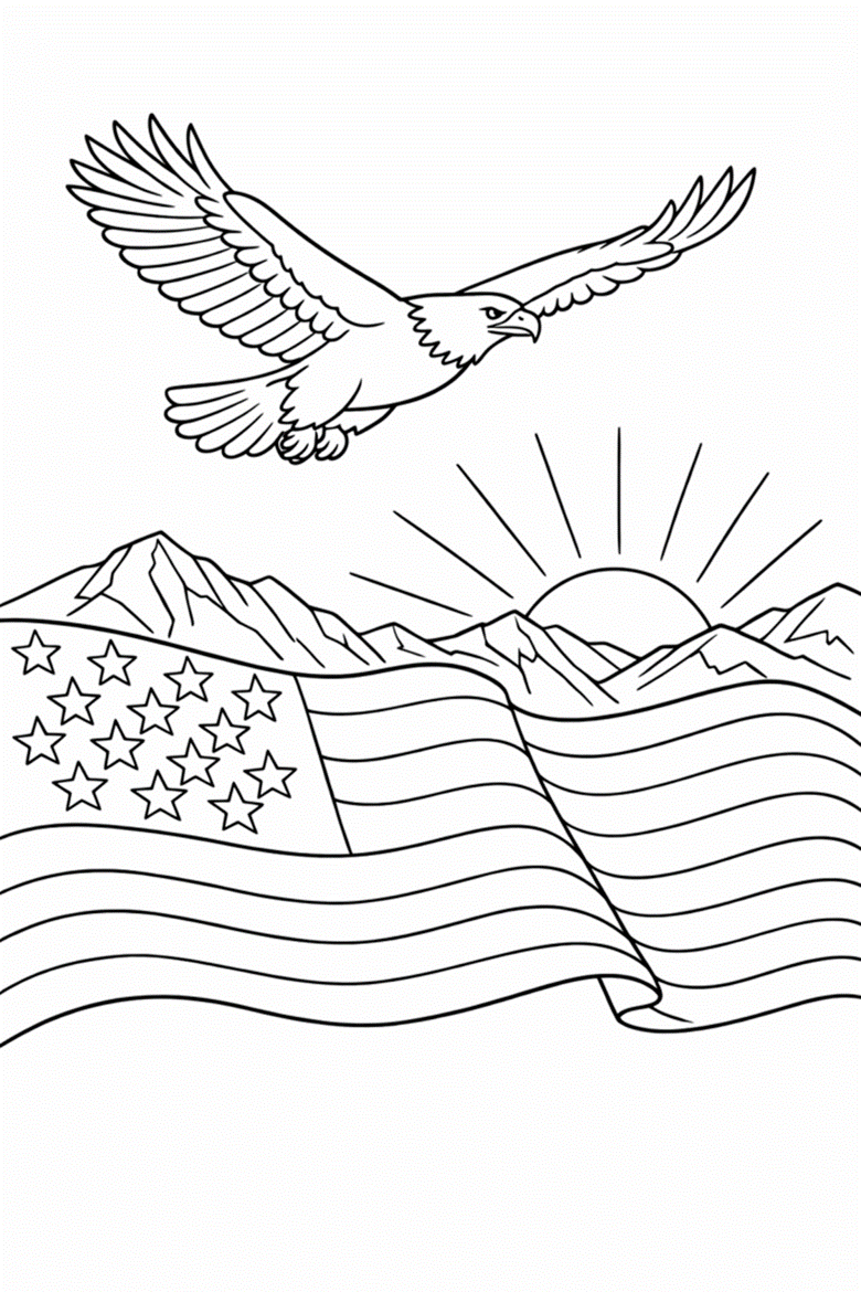 Image | free patriotic coloring pages for america 250 4th of july and classroom crafts | entheosweb Line drawing of an eagle flying over a waving american flag with mountains and a rising sun in the background Image