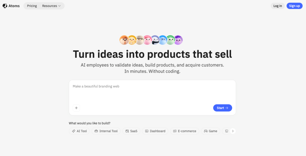 Hero section with colorful emoji avatars bold headline turn ideas into products that sell a subtitle and a large rounded input with a start button on the right Image