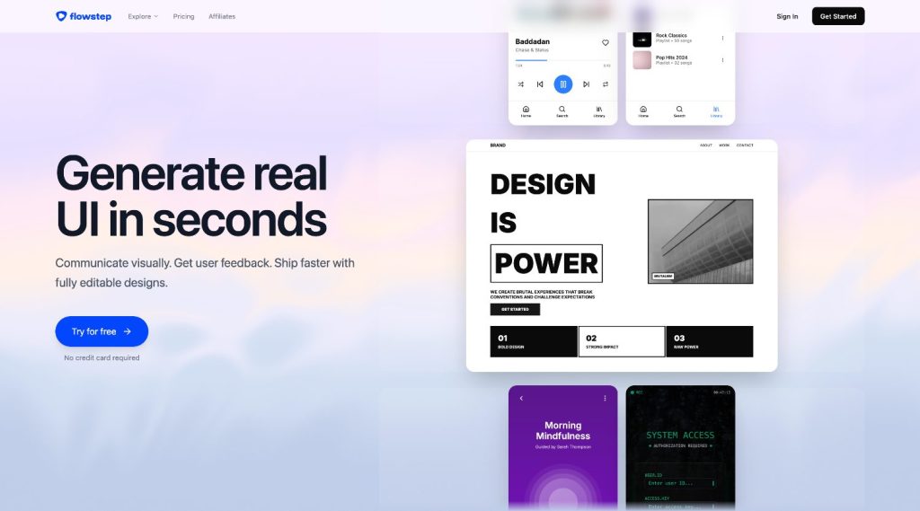 Flowstep homepage hero pastel gradient background bold generate real ui in seconds headline subheading blue try for free button and floating ui mockups on the right Image