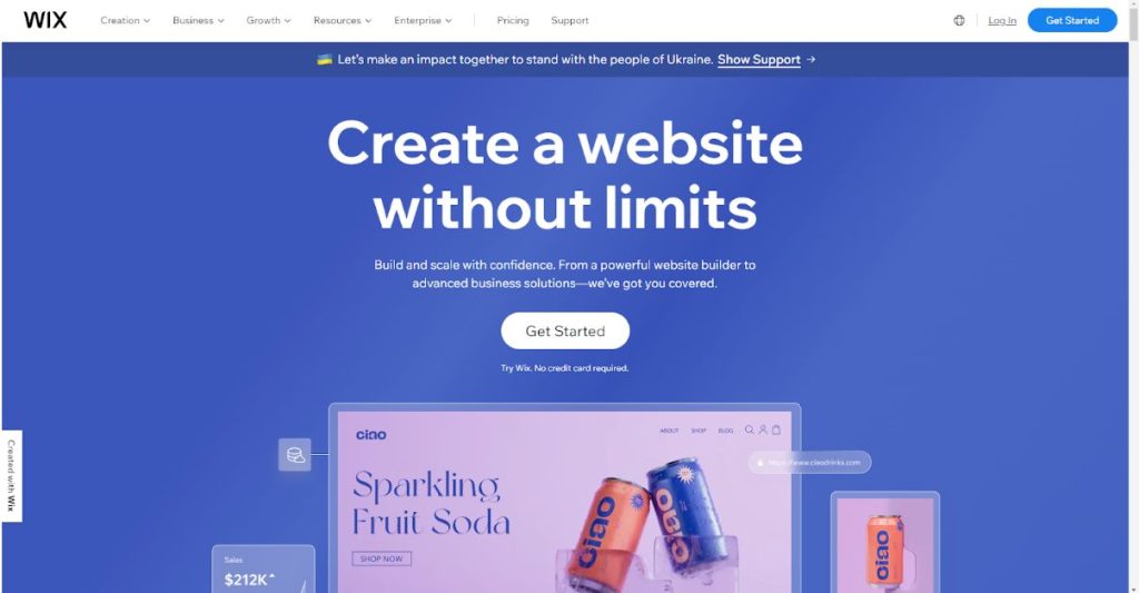 Wix hero banner with bold white headline create a website without limits on a blue gradient and a get started button Image